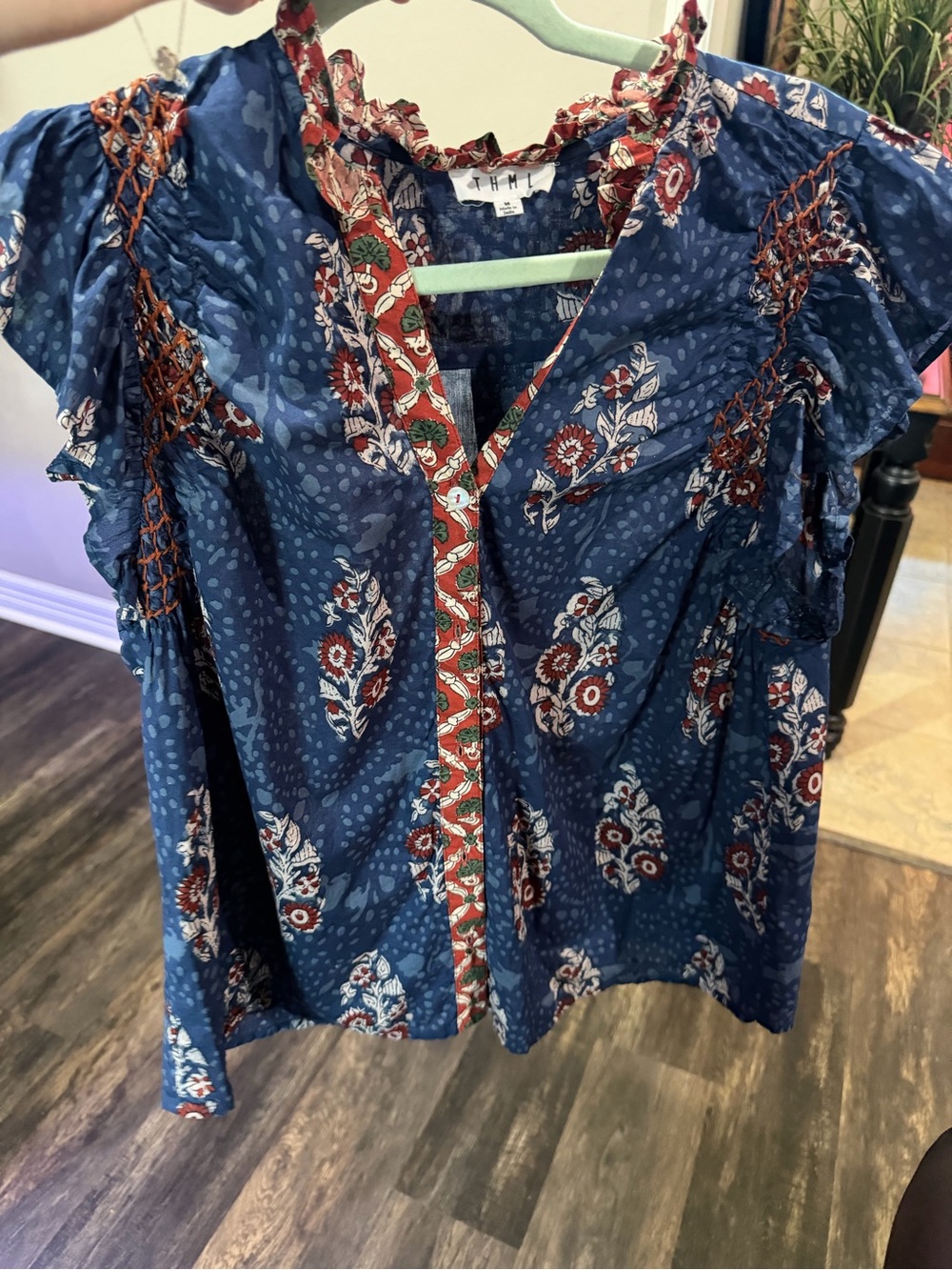 THML Blue Floral 100% Cotton Boho Ruffle Sleeve Blouse Top M - Picture 7 of 16